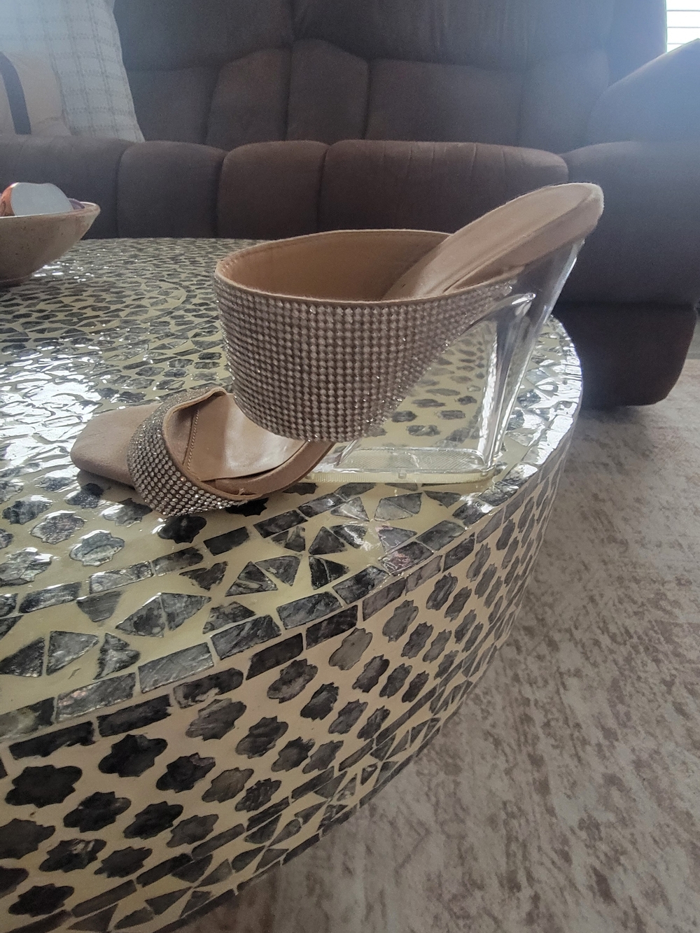 Rhinestone Slip-On Mule Heels in Taupe